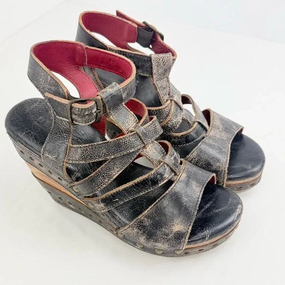 Bed Stu Brown Leather Wood Wedge Strappy Gladiator Sandals - Picture 5 of 14